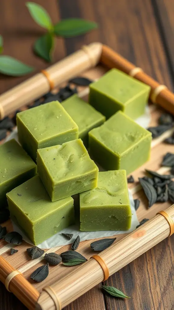 A tray of matcha green tea fudge squares surrounded by green leaves.