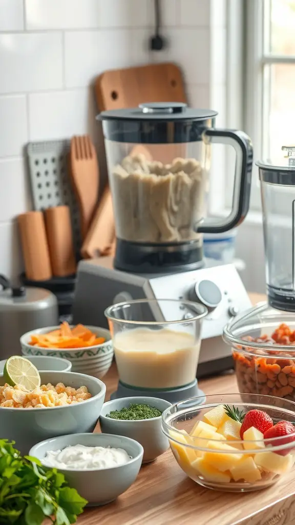 A kitchen counter with a blender and various bowls of ingredients for making soft foods.
