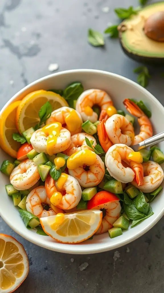 A bowl of shrimp and avocado salad with citrus dressing, garnished with lemon slices and fresh herbs.