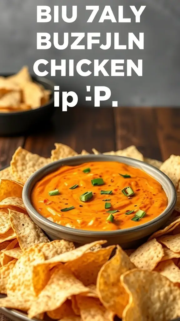 A bowl of Buffalo Chicken Dip surrounded by tortilla chips.
