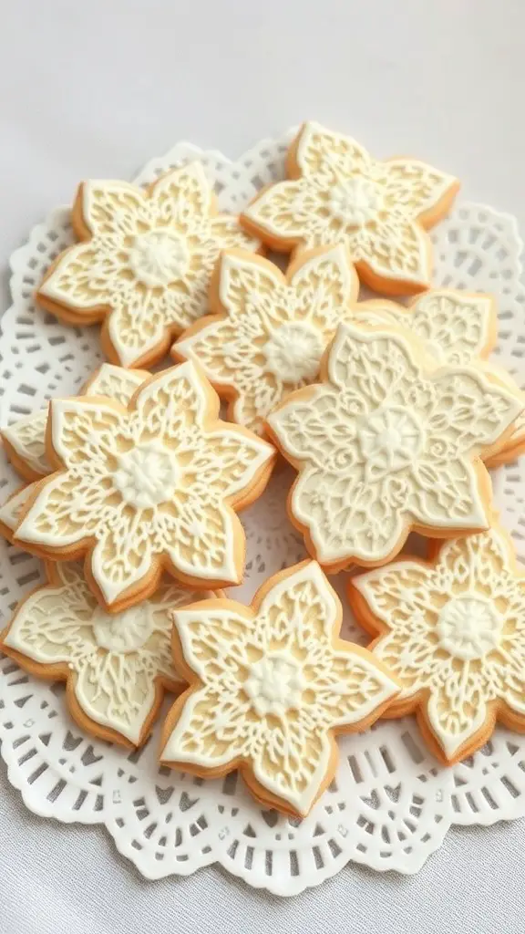 A plate of beautifully decorated sugar cookies shaped like flowers with intricate lace patterns.