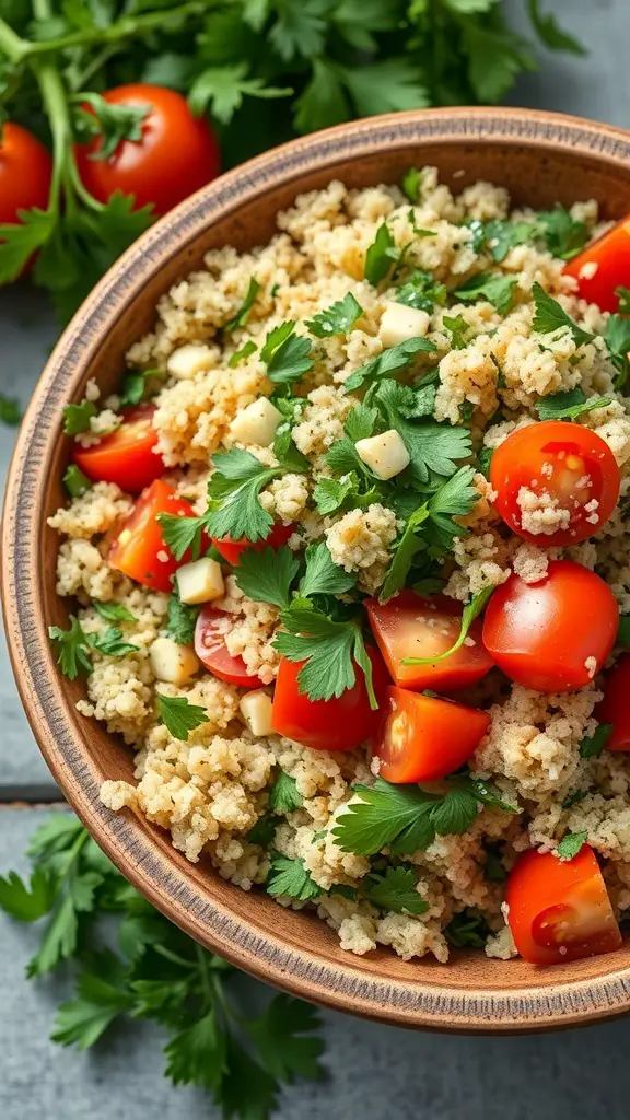 A bowl of tabbouleh salad with parsley, bulgur, and cherry tomatoes