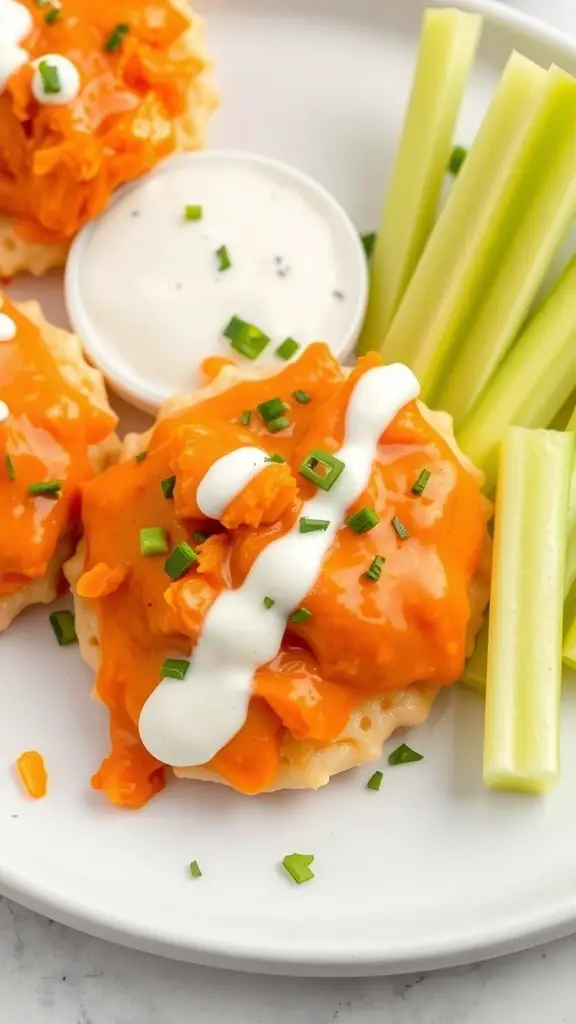 Plate of buffalo chicken perogies topped with orange sauce, served with celery sticks and ranch dressing.
