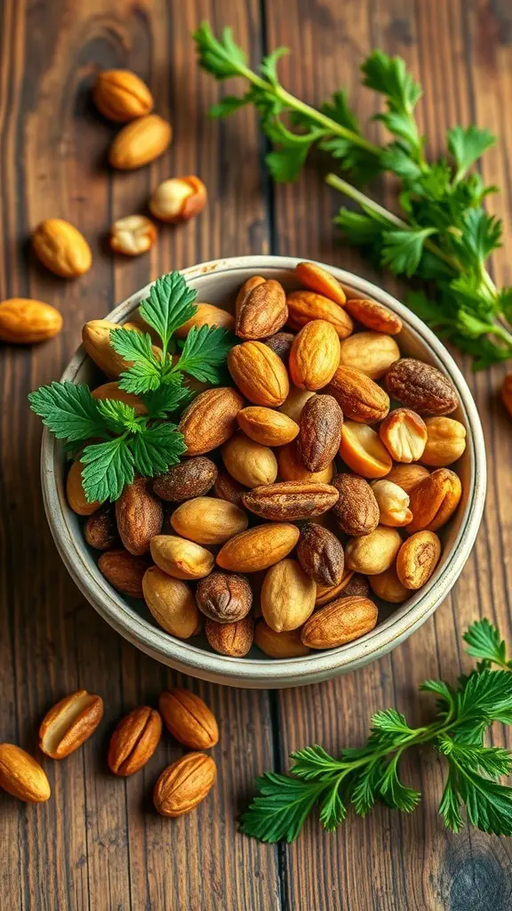 A bowl of mixed spiced nuts with herbs on a wooden table.