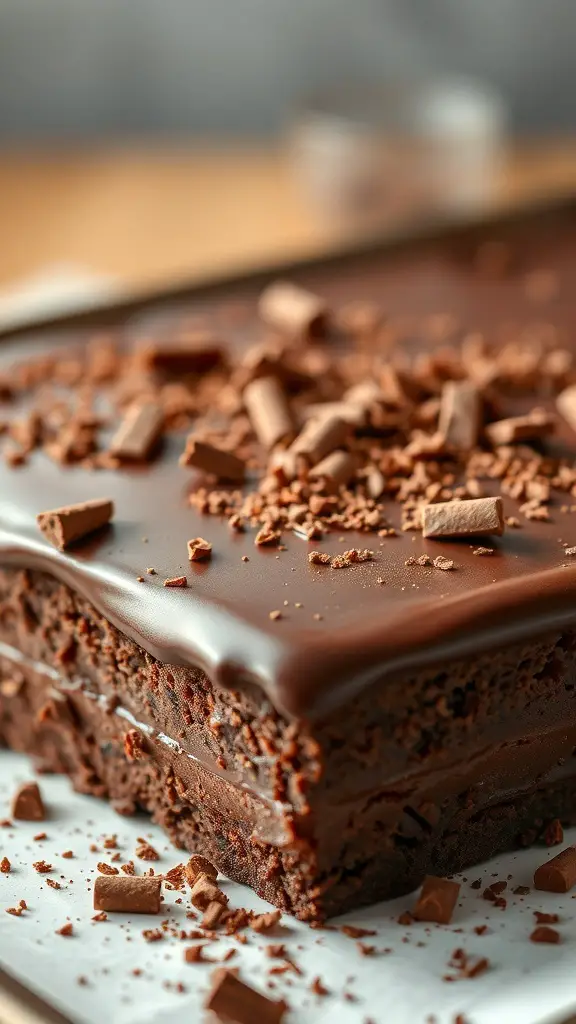 A close-up of a chocolate fudge sheet cake topped with chocolate frosting and shavings.