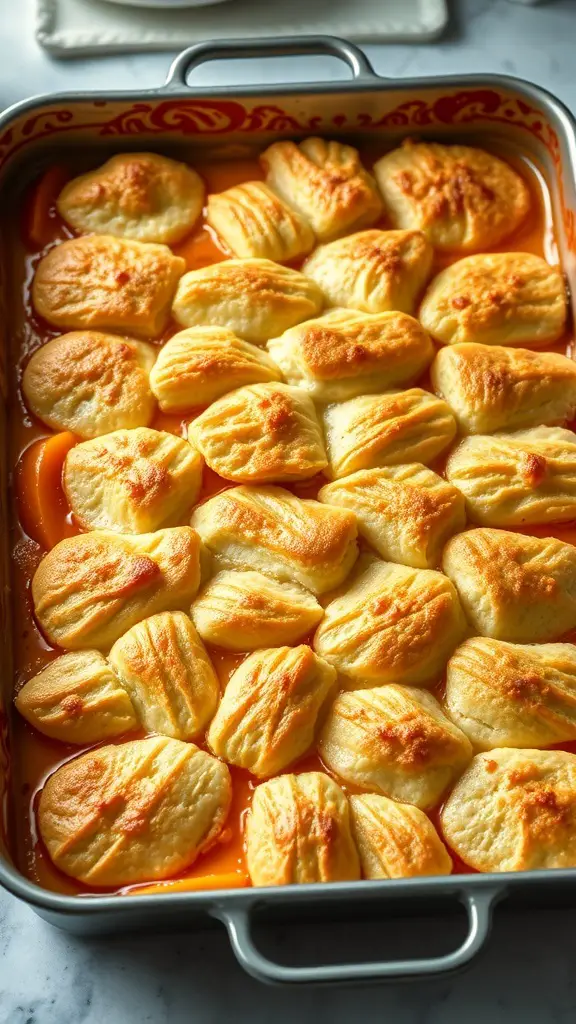 A freshly baked peach cobbler with biscuit topping in a sheet pan.