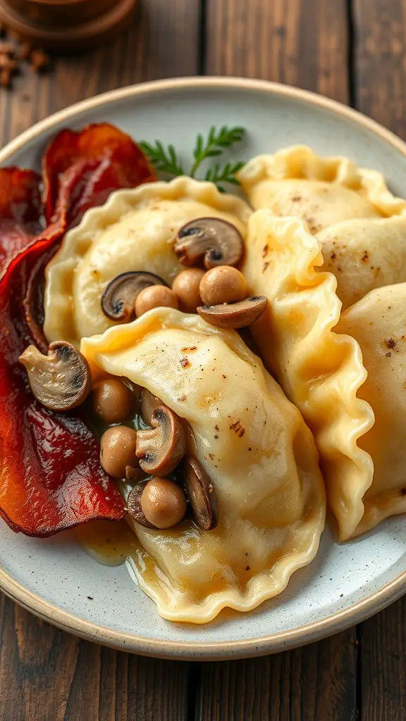 Plate of perogies filled with sauerkraut and mushrooms, served with crispy bacon.