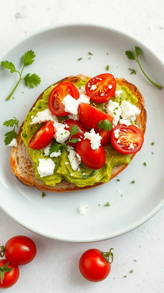 Avocado toast topped with feta cheese and cherry tomatoes on a plate