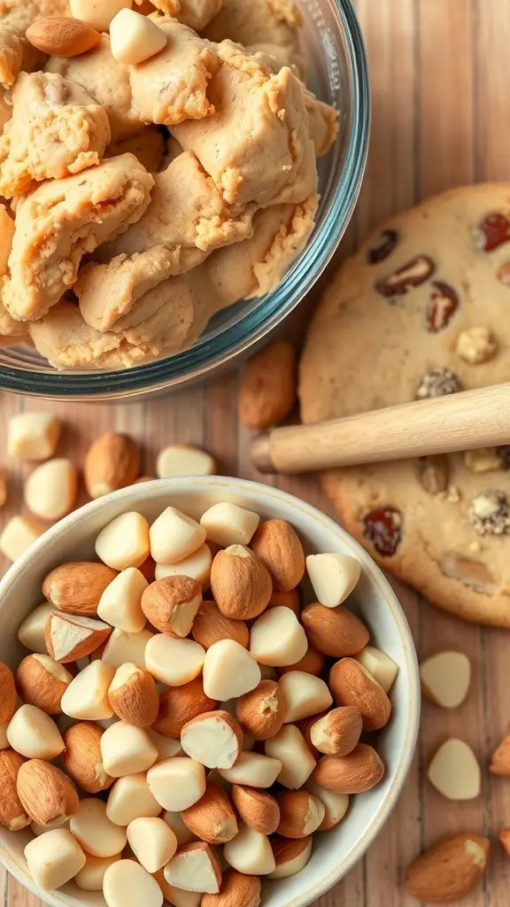 A bowl of macadamia nuts and white chocolate chips next to cookie dough and a rolling pin.