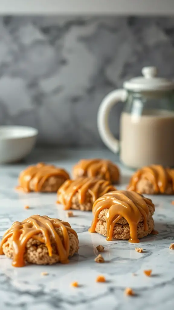 Delicious salted caramel toffee cookies drizzled with caramel sauce on a marble surface.