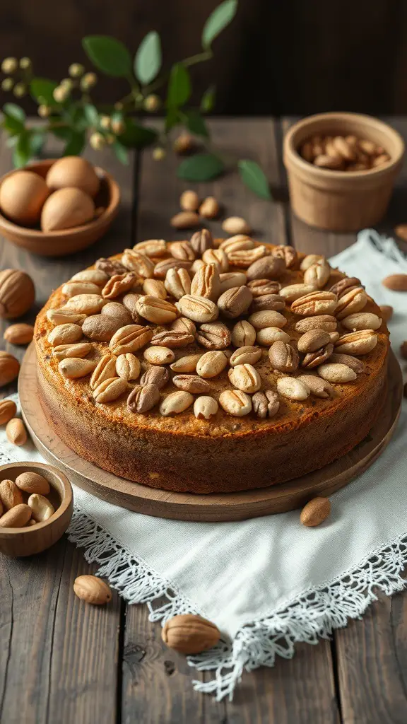 A delicious nut cake topped with various nuts, surrounded by eggs and additional nuts on a wooden table.