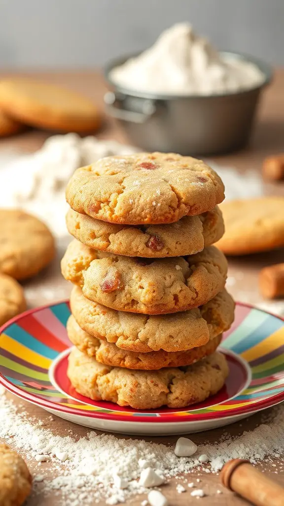 A stack of gluten-free snickerdoodle cookies on a colorful plate, surrounded by flour and baking ingredients.