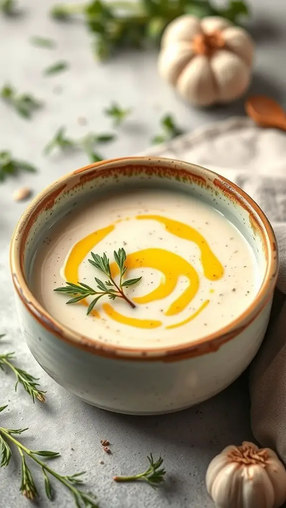 A bowl of creamy roasted garlic and herb soup topped with olive oil and a fresh herb sprig.