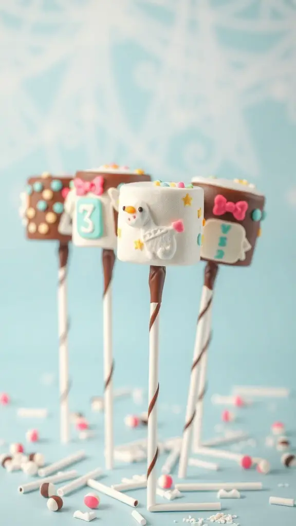 Colorful themed marshmallow pops decorated for a baby shower