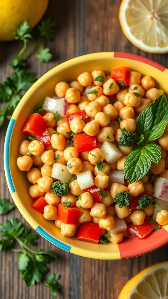 Colorful chickpea salad with red peppers and herbs in a yellow bowl, surrounded by lemon slices and fresh greens.