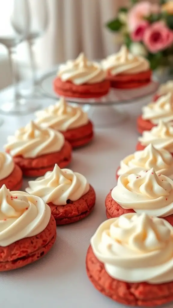 Red velvet cookies topped with cream cheese frosting arranged on a table
