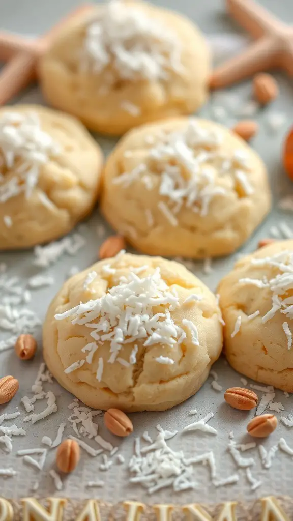 White chocolate macadamia nut cookies topped with shredded coconut