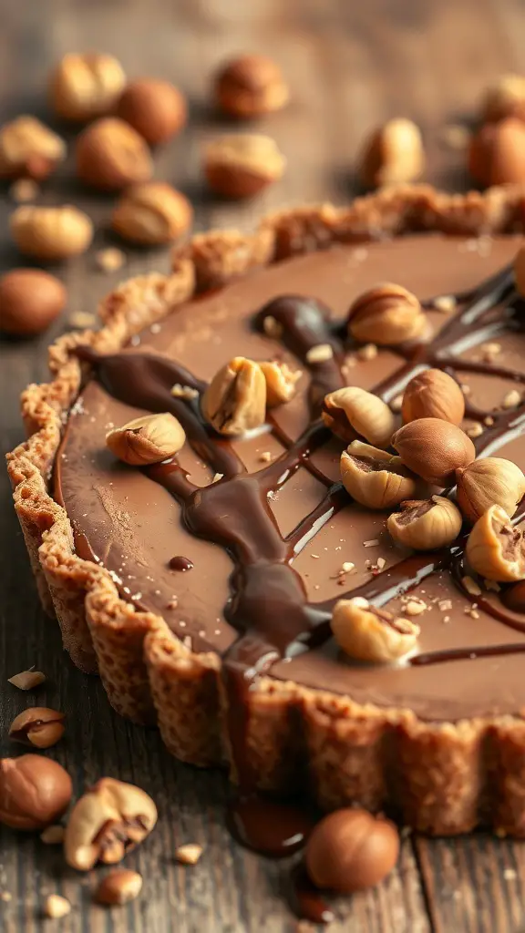 A delicious chocolate hazelnut tart topped with hazelnuts and drizzled with chocolate.