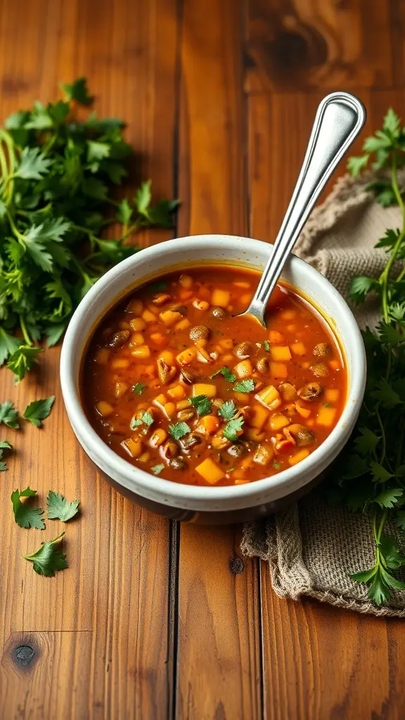 A bowl of spicy lentil soup garnished with cilantro, surrounded by fresh herbs on a wooden table.