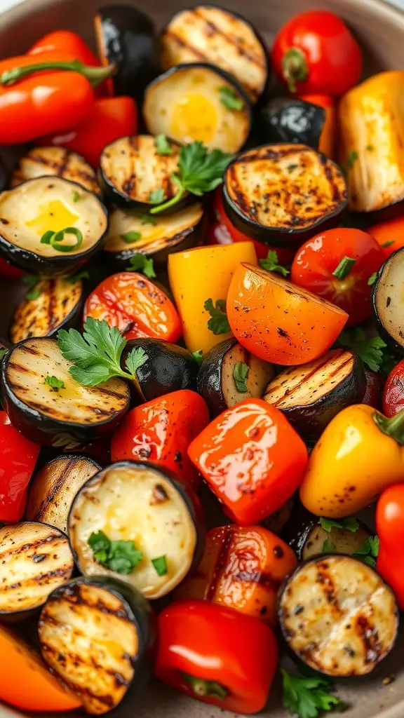 A colorful medley of grilled vegetables including eggplant, bell peppers, and cherry tomatoes.