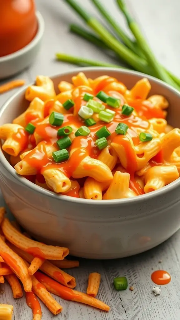 A bowl of Buffalo Chicken Mac and Cheese topped with green onions and drizzled with buffalo sauce.