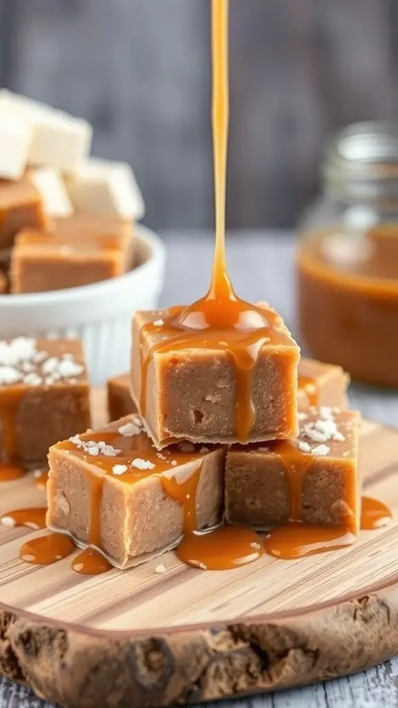 Delicious salted caramel fudge squares with caramel drizzle on a wooden platter.