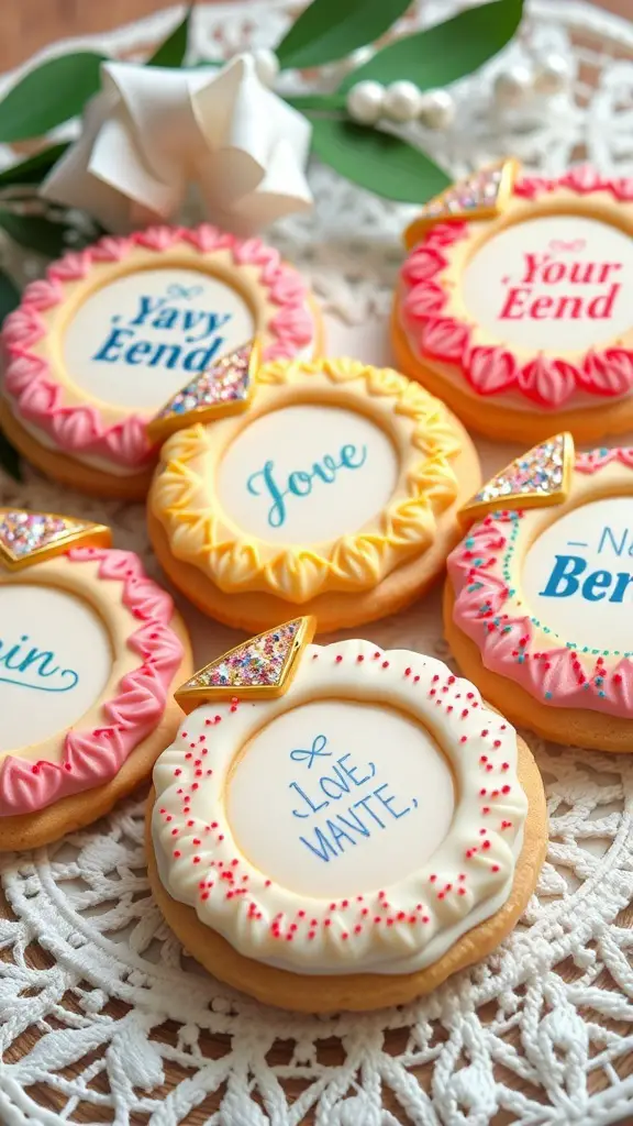 Customizable engagement ring cookies with colorful icing and messages