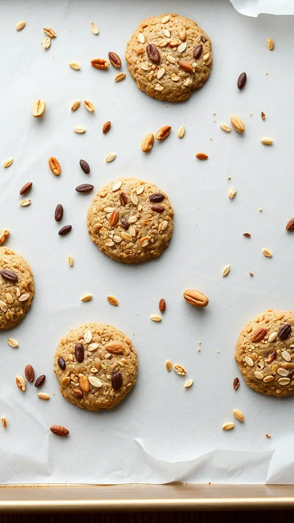 A tray of freshly baked gluten-free oatmeal cookies with oats and nuts scattered around.