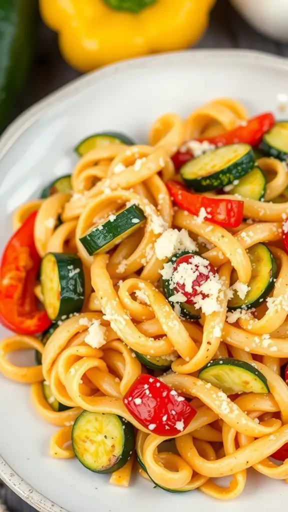A plate of roasted vegetable fusilli pasta with zucchini, red peppers, and cherry tomatoes, topped with feta cheese.