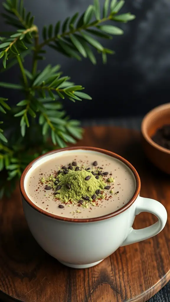 A cup of matcha hot chocolate topped with matcha powder and chocolate chips, surrounded by greenery.