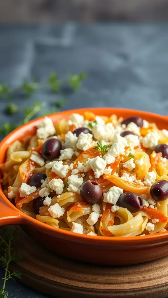 A colorful Mediterranean cabbage casserole with feta cheese and olives in an orange dish.