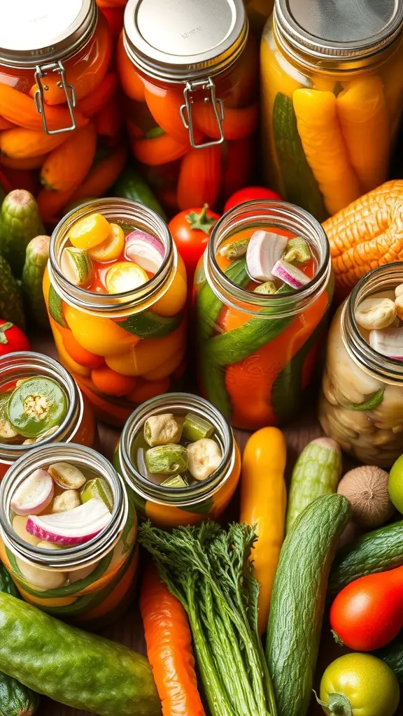 A variety of jars filled with colorful pickled vegetables surrounded by fresh produce.
