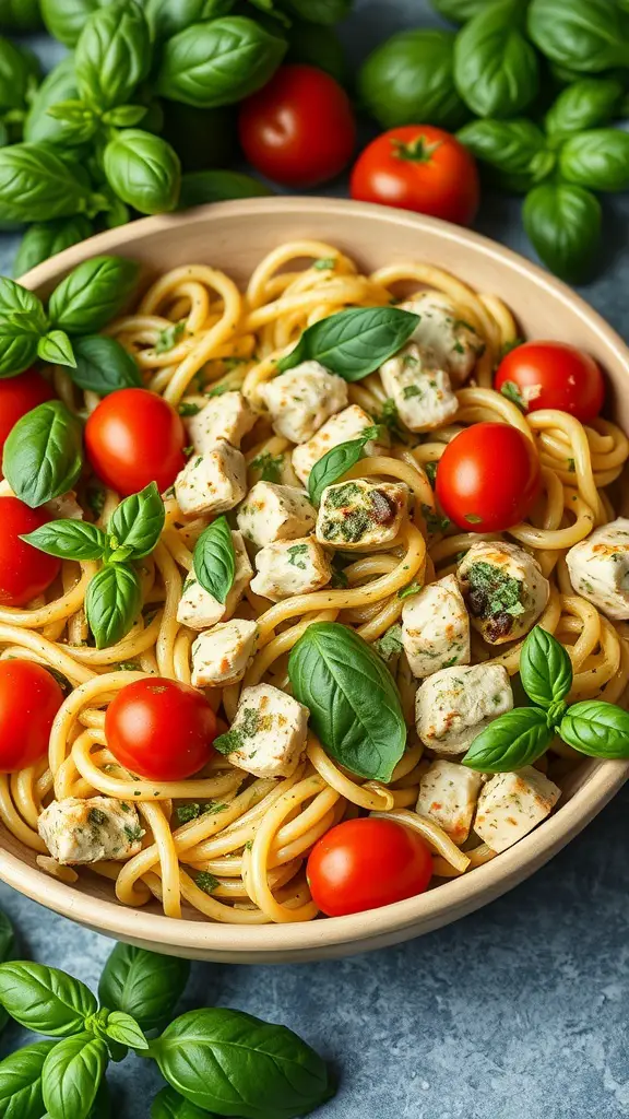A bowl of pesto chicken pasta salad with cherry tomatoes and fresh basil