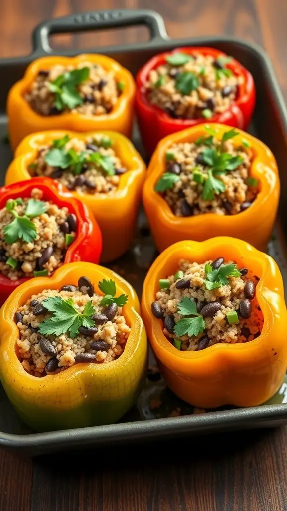 Colorful stuffed bell peppers filled with quinoa and black beans, topped with cilantro.
