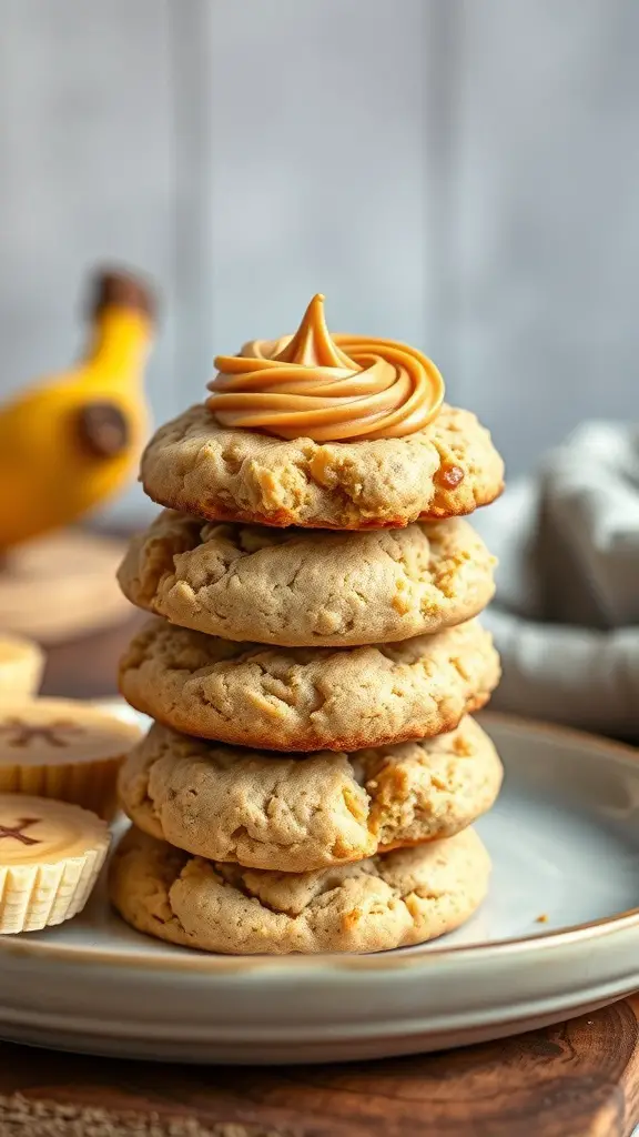 A stack of peanut butter banana cookies topped with peanut butter swirl on a plate