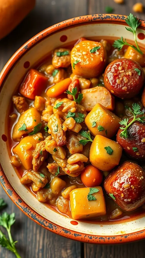 A bowl of Chicken and Sausage Jambalaya filled with colorful ingredients.