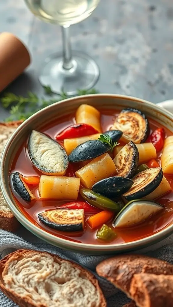 A bowl of Mediterranean fish stew with saffron, featuring mussels, fish, and colorful vegetables, served with crusty bread and a glass of white wine.