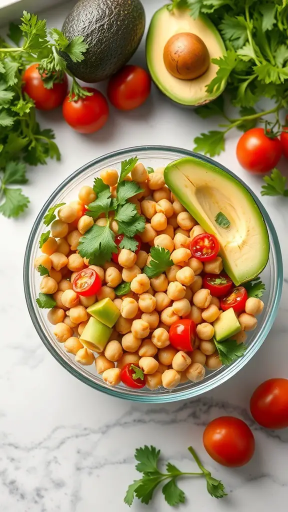 A bowl of chickpea and avocado salad with cherry tomatoes and cilantro on a marble surface.