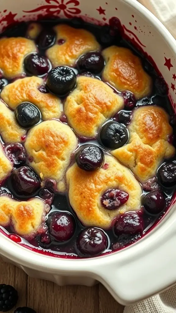A freshly baked blackberry cobbler with a golden crust and bubbling blackberries.