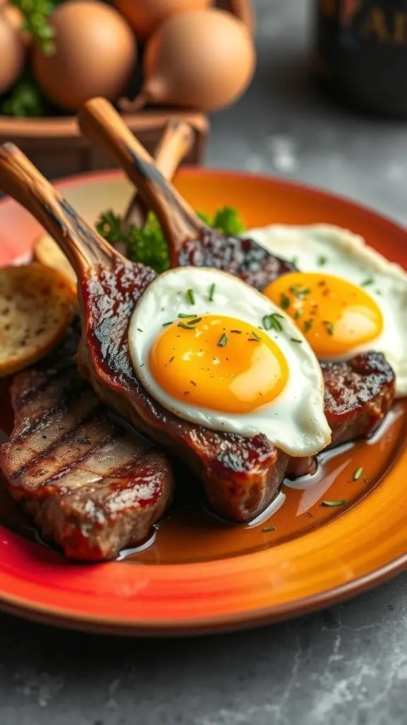 Grilled lamb chops with sunny-side-up eggs on a colorful plate