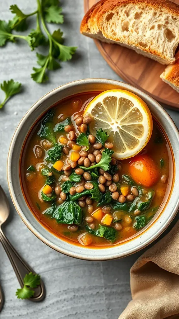 A bowl of lentil and kale soup garnished with lemon and served with a slice of bread.