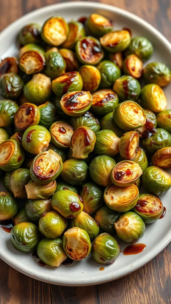 A plate of roasted Brussels sprouts drizzled with balsamic glaze.