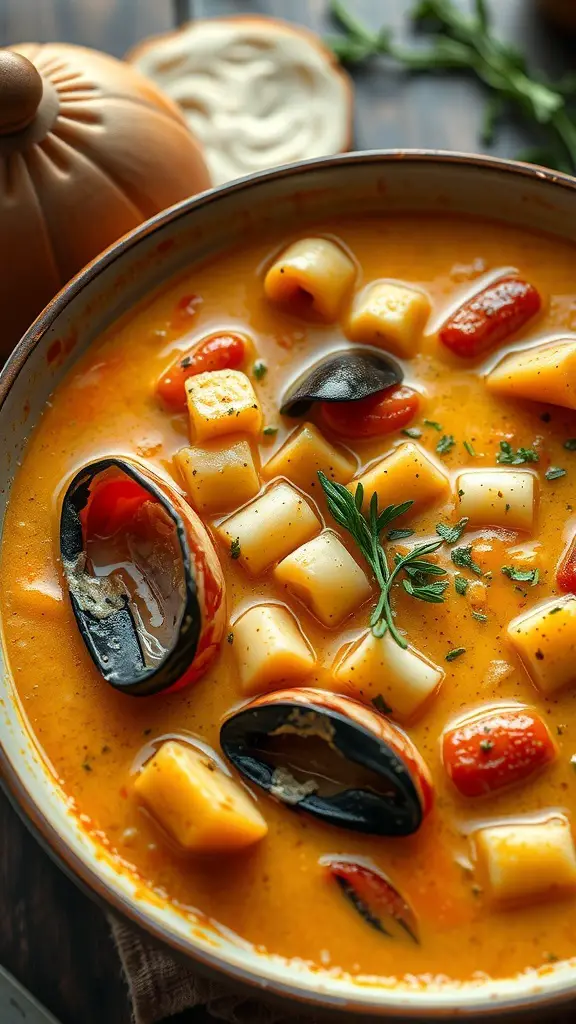 A bowl of Seafood Chowder with Saffron featuring mussels, pasta, and tomatoes in a creamy broth.