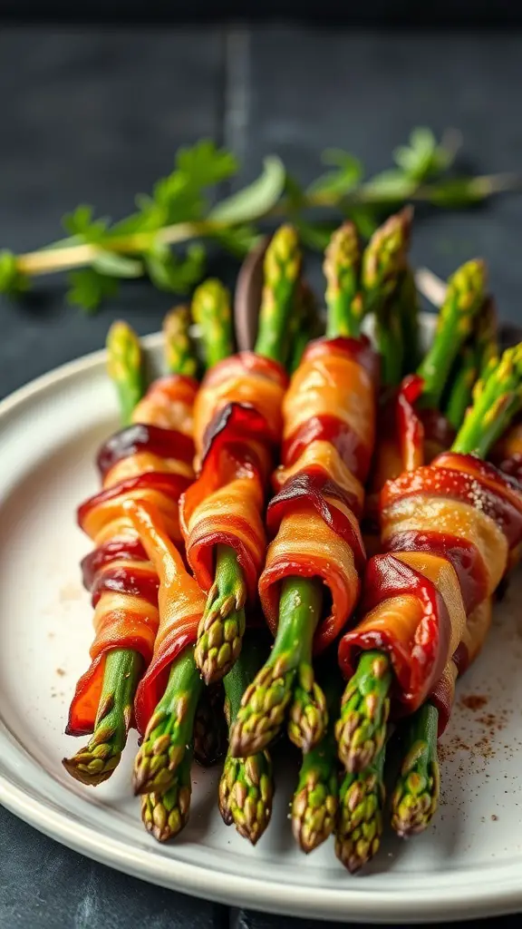 A plate of bacon-wrapped asparagus, showcasing fresh green asparagus spears wrapped in crispy bacon.