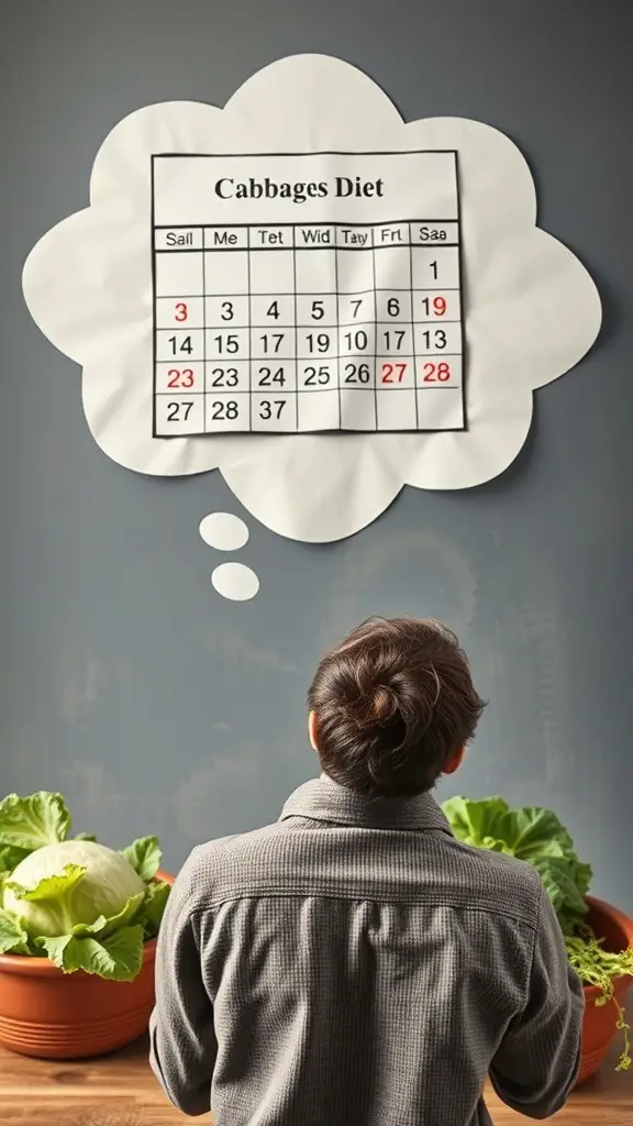 A person looking at a calendar marked with the cabbage diet schedule, surrounded by cabbage plants.