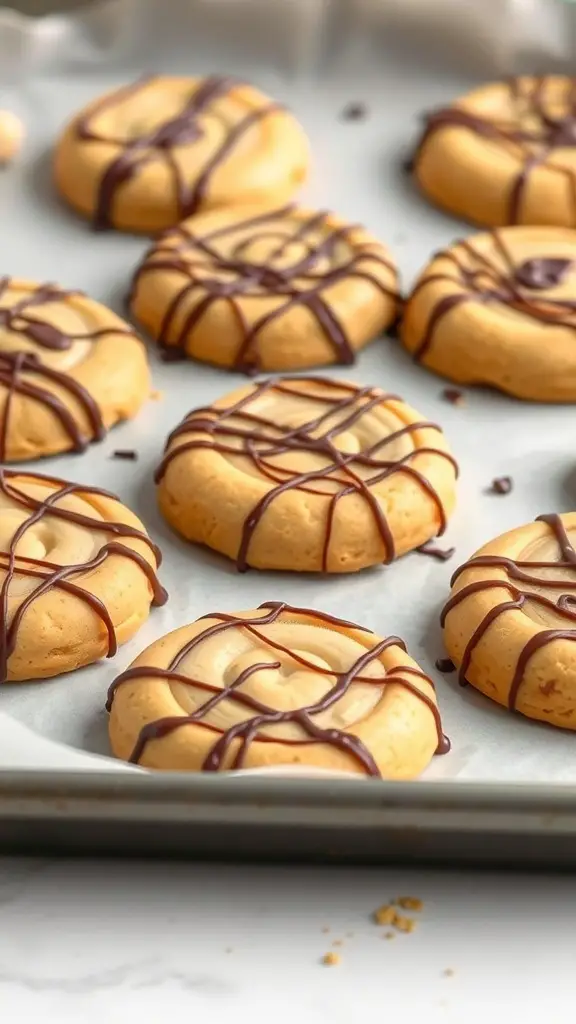 Peanut Butter Toffee Swirl Cookies drizzled with chocolate on a baking tray.
