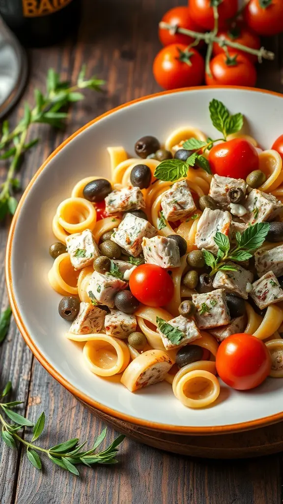 A bowl of Mediterranean Tuna Pasta Salad with cherry tomatoes, olives, and herbs.