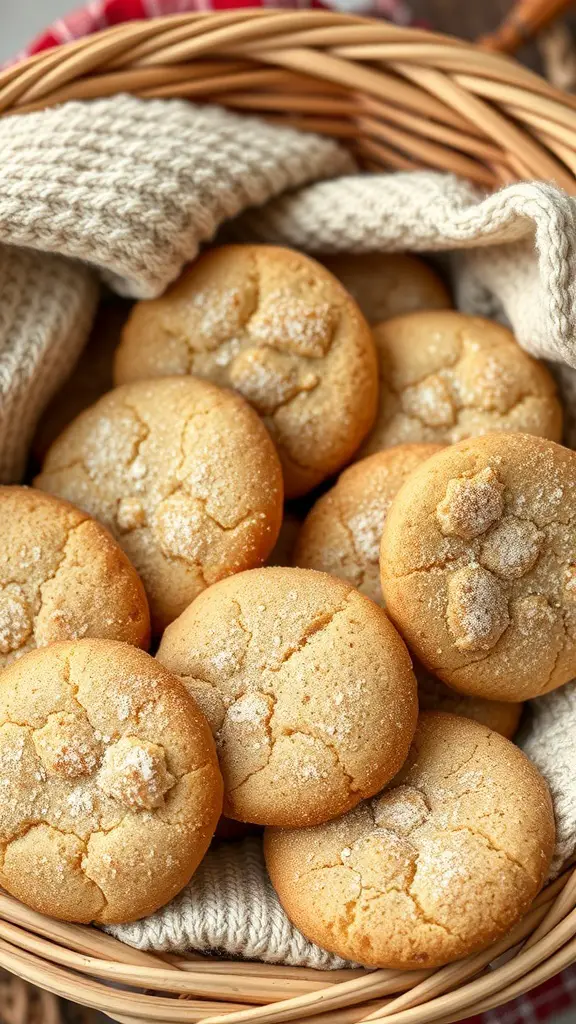 A basket filled with golden-brown cookies, lightly dusted with sugar, showcasing their soft texture.