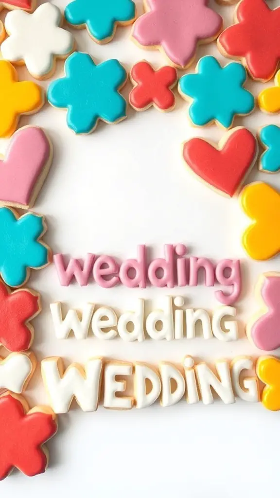 Colorful wedding sugar cookies in various shapes with the word 'wedding' spelled out.