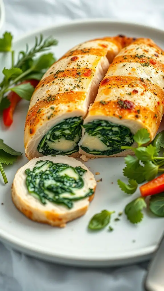 Stuffed chicken breast with spinach and cheese, sliced to show the filling.